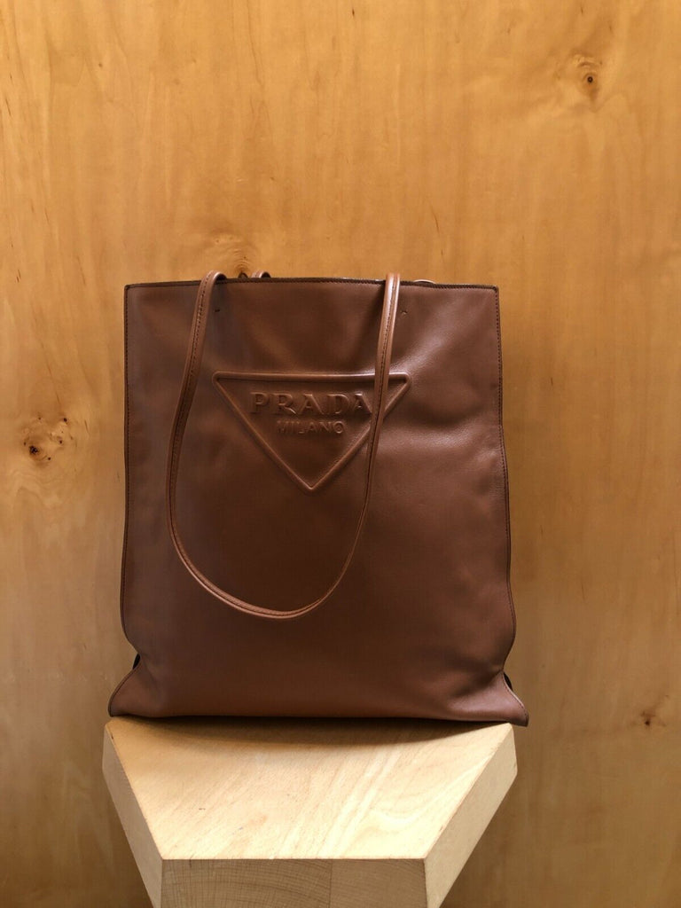 PRADA 2023 $1900 Softy Brown Triangle Logo Medium Leather Shopper Tote Bag Purse