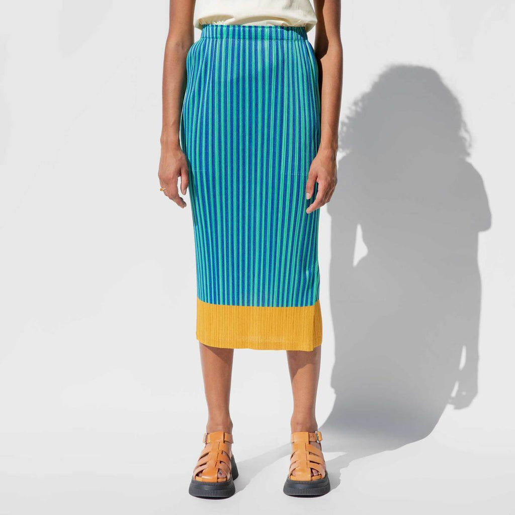 PLEATS PLEASE ISSEY MIYAKE Upbeat Green Blue Yellow Stripe Plisse Midi Skirt 3/M