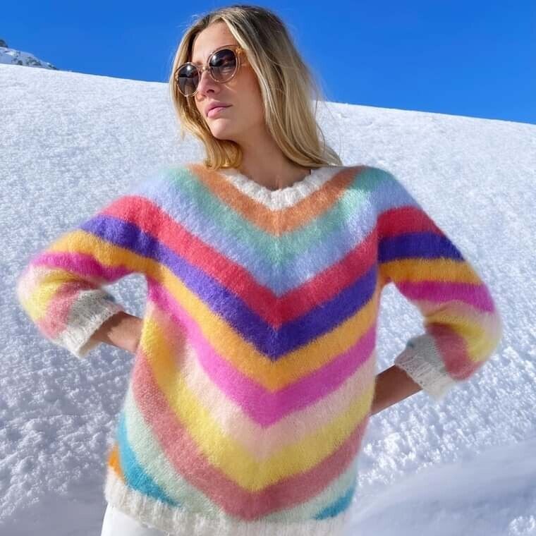 ROSE CARMINE Chevron Stripe Print Mohair Wool V-Neck Knit Jumper Sweater 1/XS/S