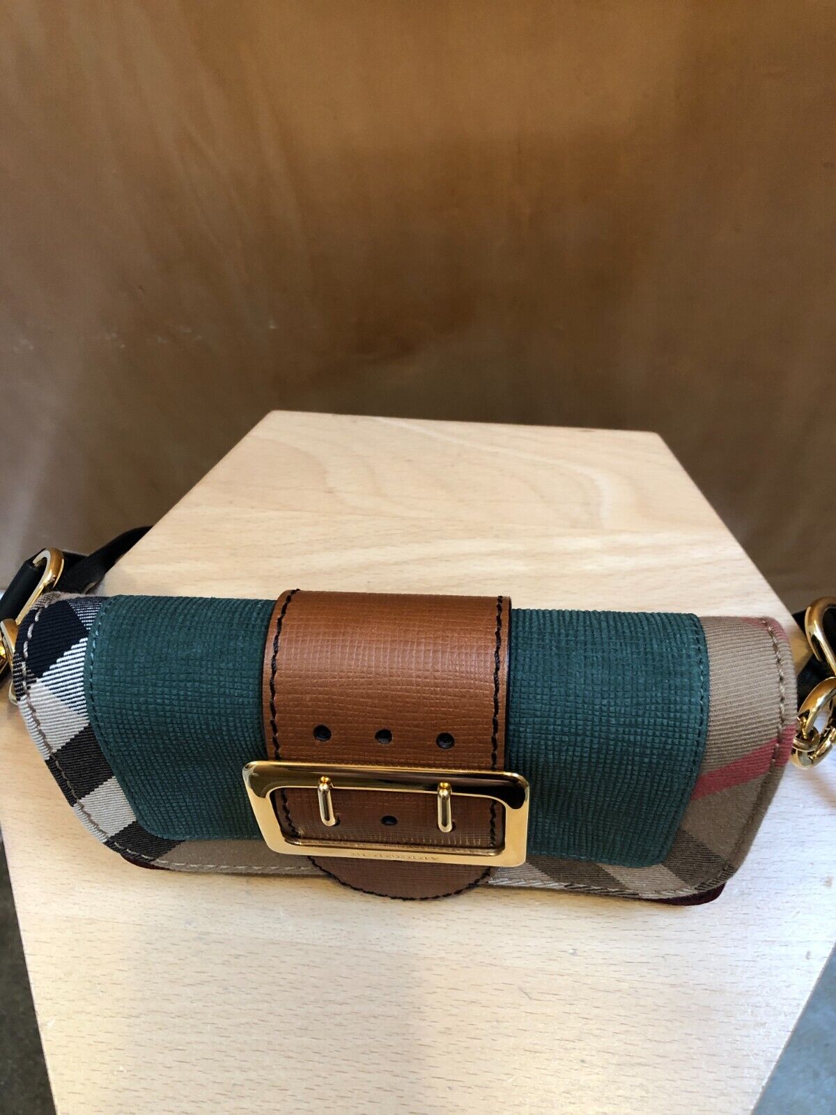 BURBERRY The Small House Nova Check Buckle Sea Green Leather Shoulder Bag Purse