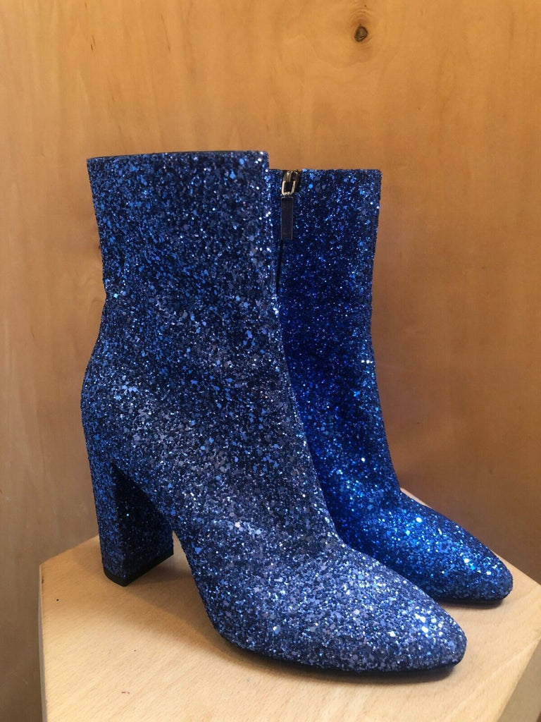 SAINT LAURENT Lou Blue Glitter Sequin 95 Zip Ombre Calf Ankle Boots 40/10