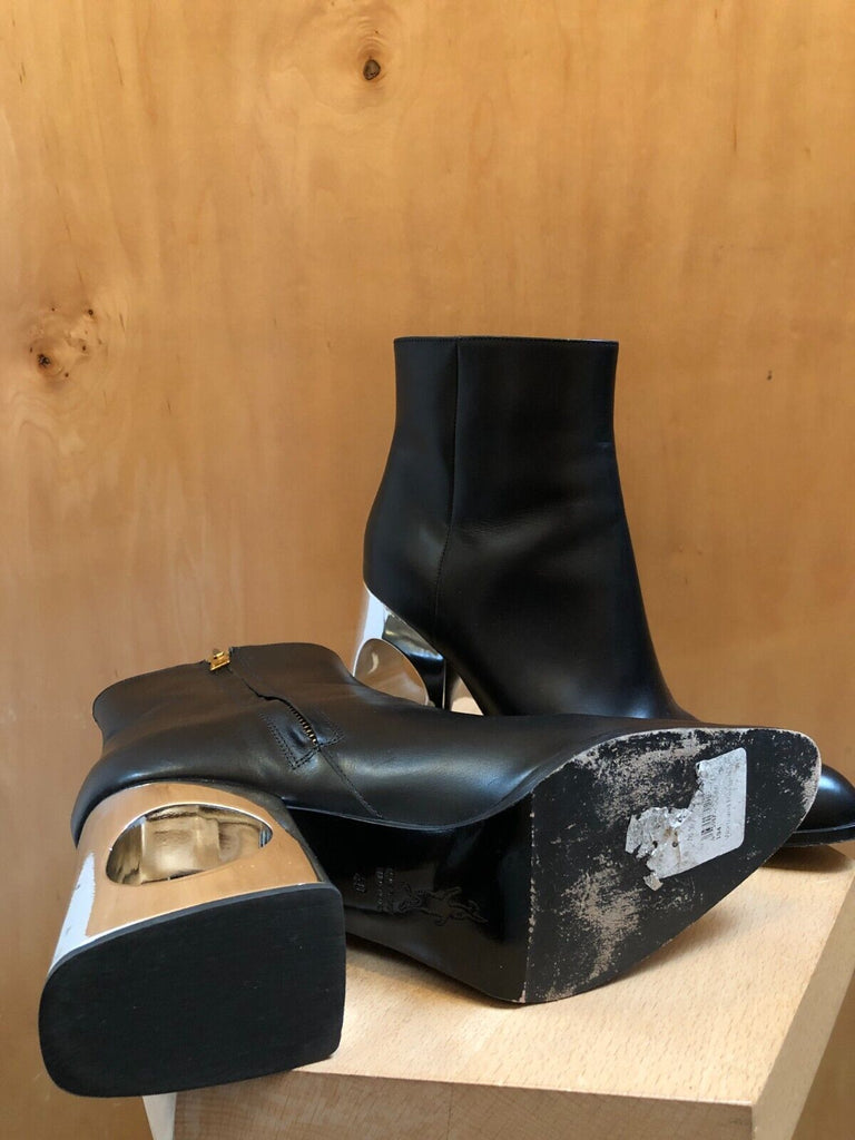 MARNI $1,700 Black Leather Silver Metal Cut Out Chunky Heel Ankle Boot 40/10/9.5