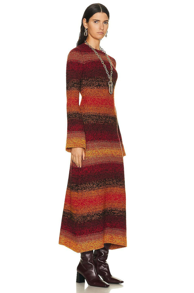 CHLOE Orange Red Orange Sunset Cashmere Stripe Knit Long Sleeve Maxi Dress XS