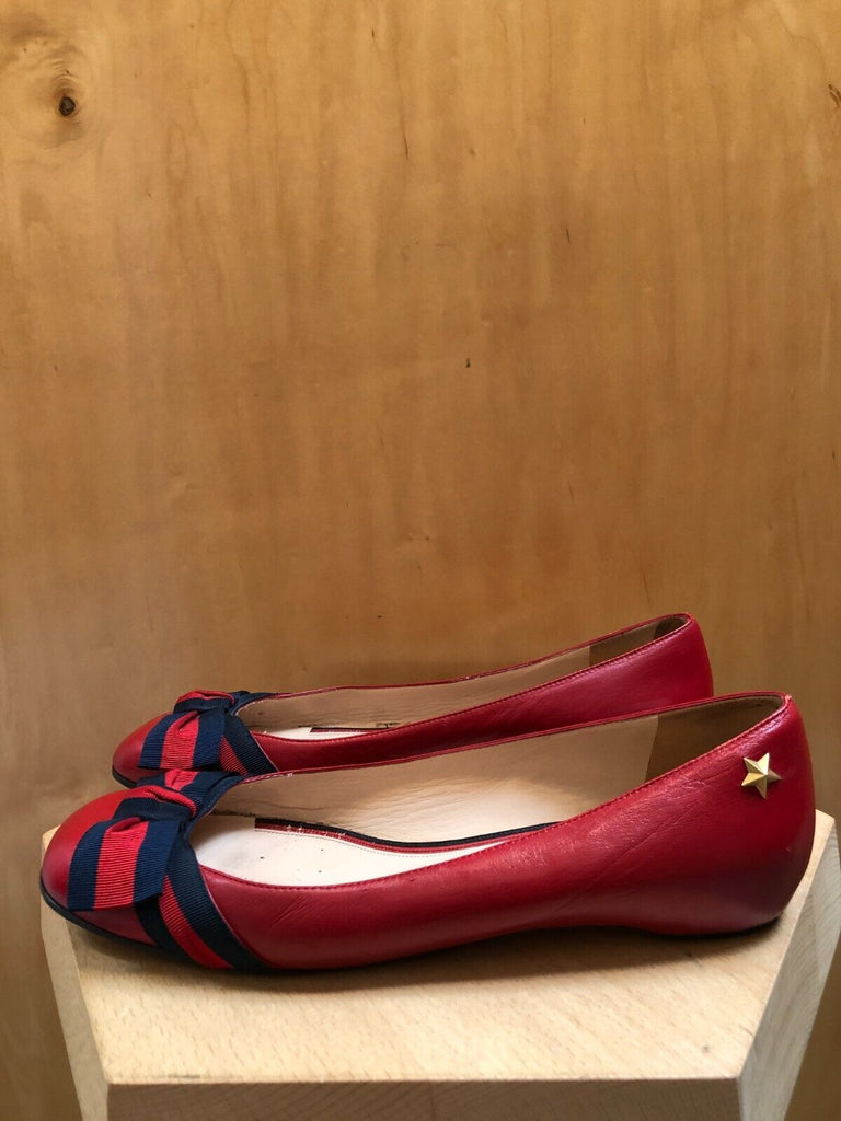 GUCCI Red Leather Grosgrain Web Stripe Bow Round Toe Ballet Flat Shot 39.5/9.5