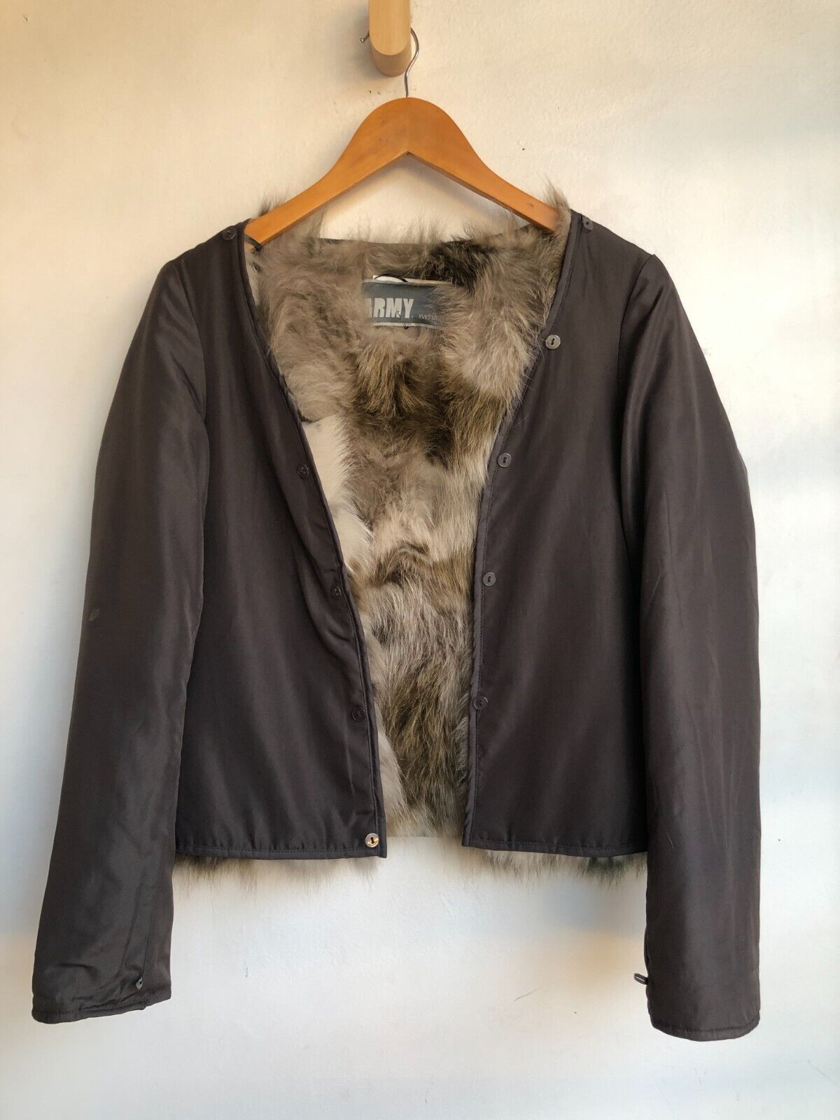 YVES SALOMON  Army Cement Grey Khaki Coyote Fur Collar Cotton Zip Up Jacket ~ M