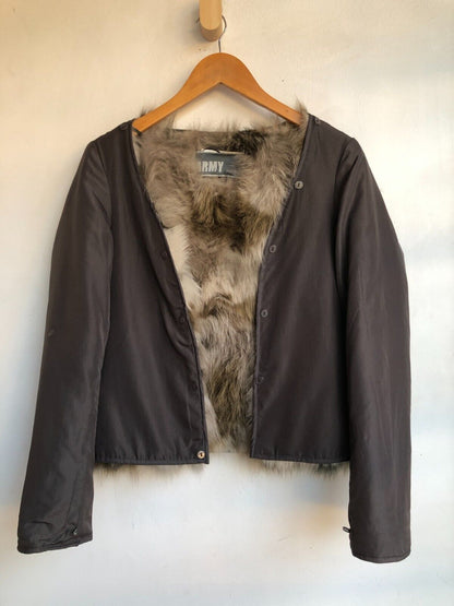YVES SALOMON  Army Cement Grey Khaki Coyote Fur Collar Cotton Zip Up Jacket ~ M
