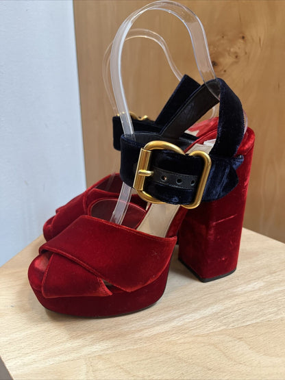 PRADA Cherry Red Navy Velvet Crisscross Two Tone Platform Sandal Chunky Heel 37