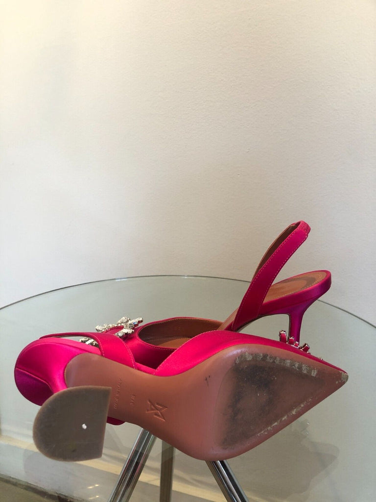 AMINA MUADDI Begum Swarovski Pink Ruby Crystal Satin Slingback Pump Heel 37.5