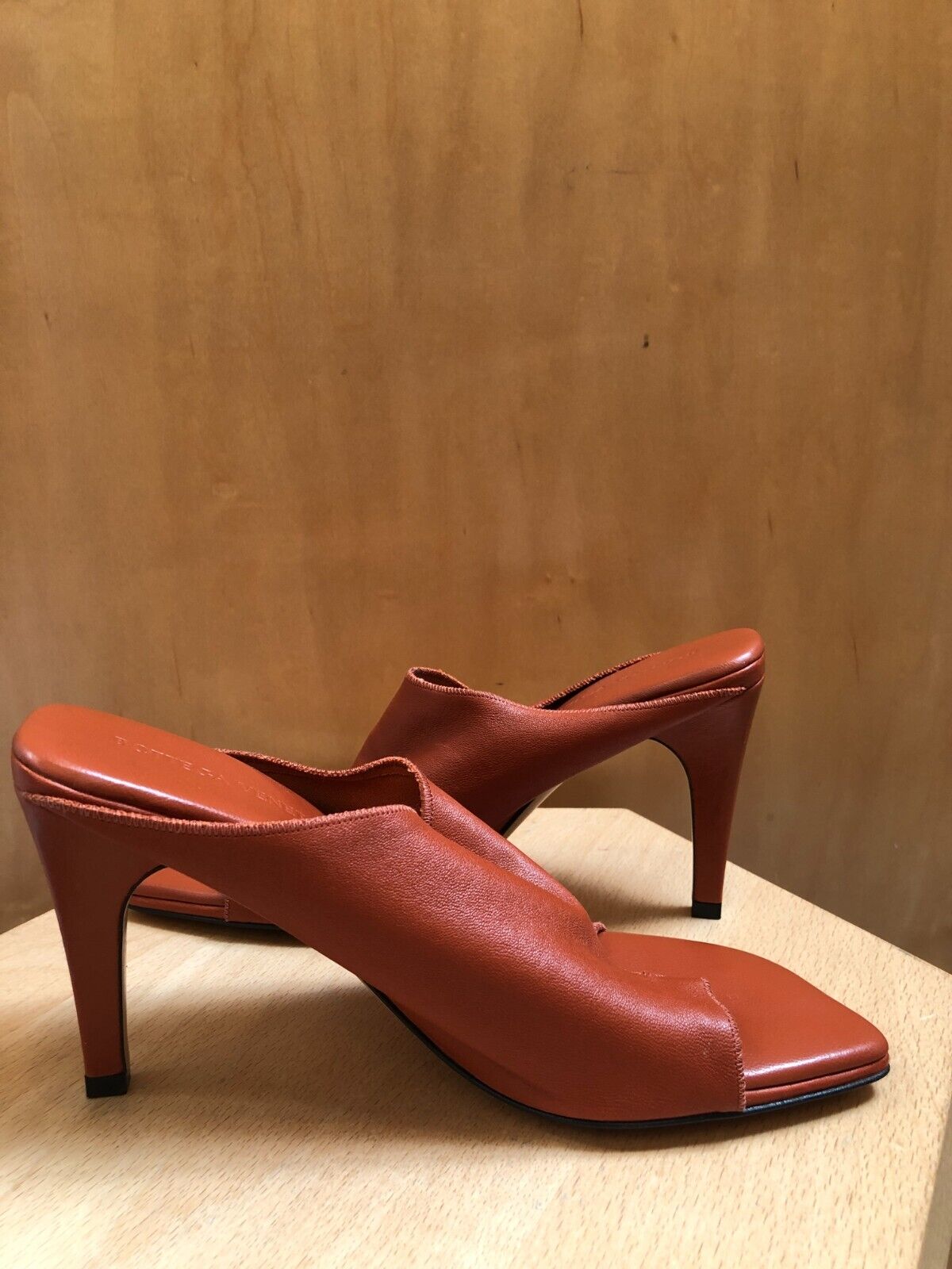 BOTTEGA VENETA	Orange Open Two Toe Strap Loop Leather Heeled Mule Sandals 36.5