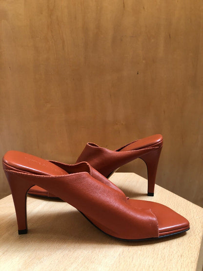 BOTTEGA VENETA	Orange Open Two Toe Strap Loop Leather Heeled Mule Sandals 36.5