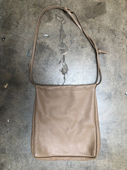 ARE STUDIO Nude Beige Pebbled Leather Scrunch Drawstring Bucket Shoulder Tote