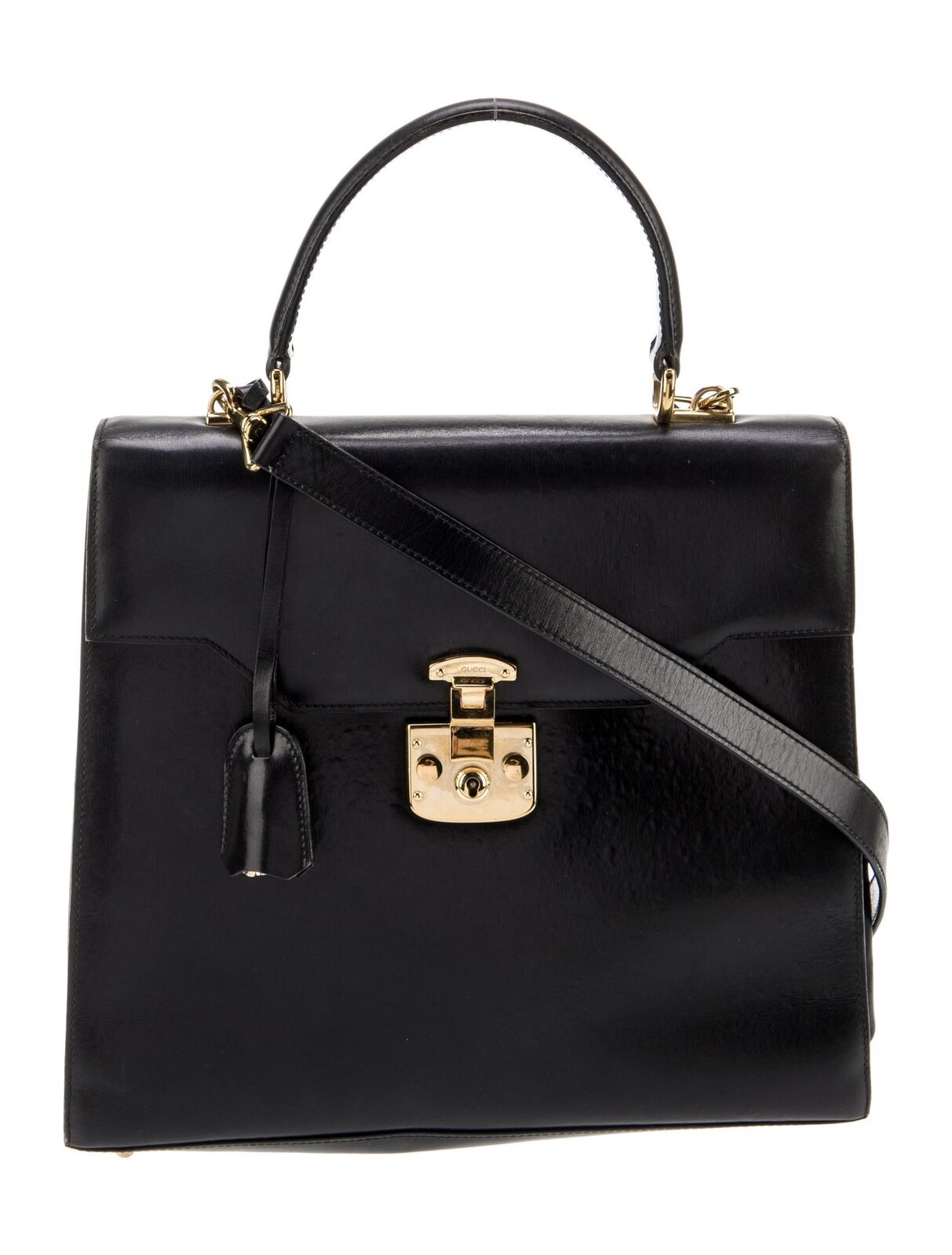 GUCCI Vintage Black Leather Lady Lock 2 Way Gold Hardware Handle Bag