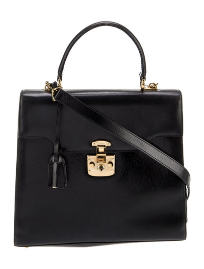 GUCCI Vintage Black Leather Lady Lock 2 Way Gold Hardware Handle Bag