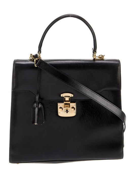 GUCCI Vintage Black Leather Lady Lock 2 Way Gold Hardware Handle Bag