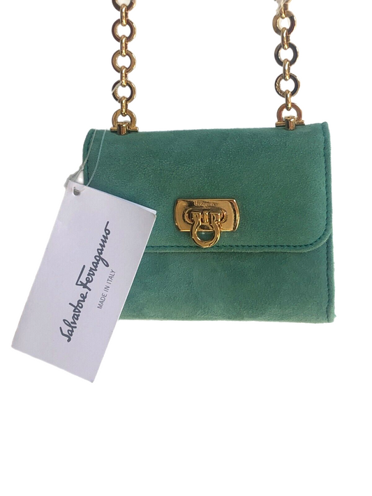 SALVATORE FERRAGAMO Sea Foam Blue Green Suede Leather Gold Chain Mini Bag Purse