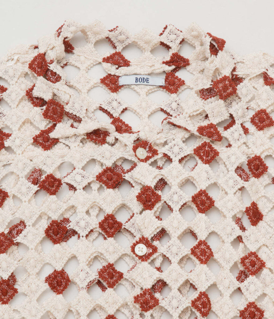 BODE Mens Unisex Diamond Lace Crochet Cream Brown Red Long Sleeve Shirt Top L/XL