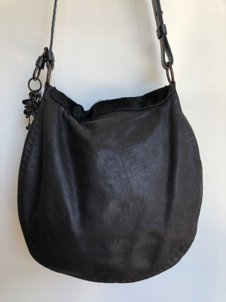 HENRY BEGUELIN Sella Horse Pony Calf Hair Black Leather Hobo Saddle Bag Purse