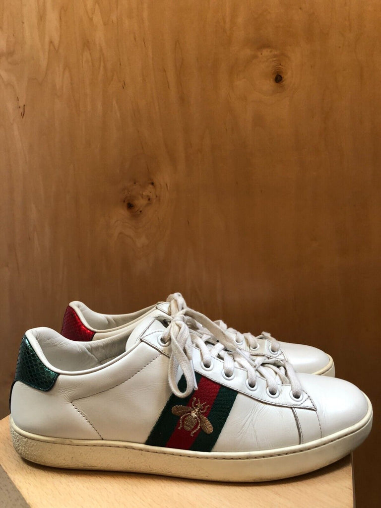 GUCCI Ace White Web Stripe Bee Embroidered Leather Embossed Womens Sneaker 39