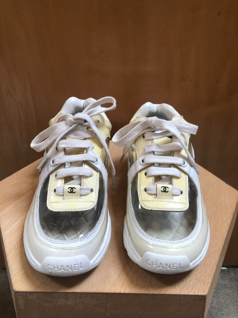 CHANEL White Yellow Transparent Clear PVC Plastic Vtg Low Top Leather Sneaker 35