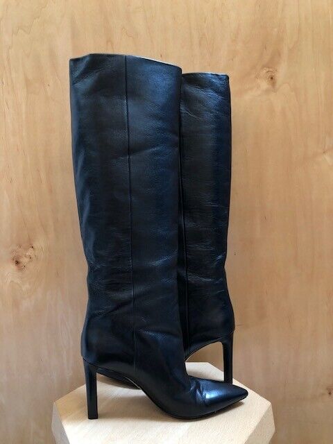 SAINT LAURENT YSL Black Knee High Pointed Toe Leather Stiletto Heel Boots 38/8