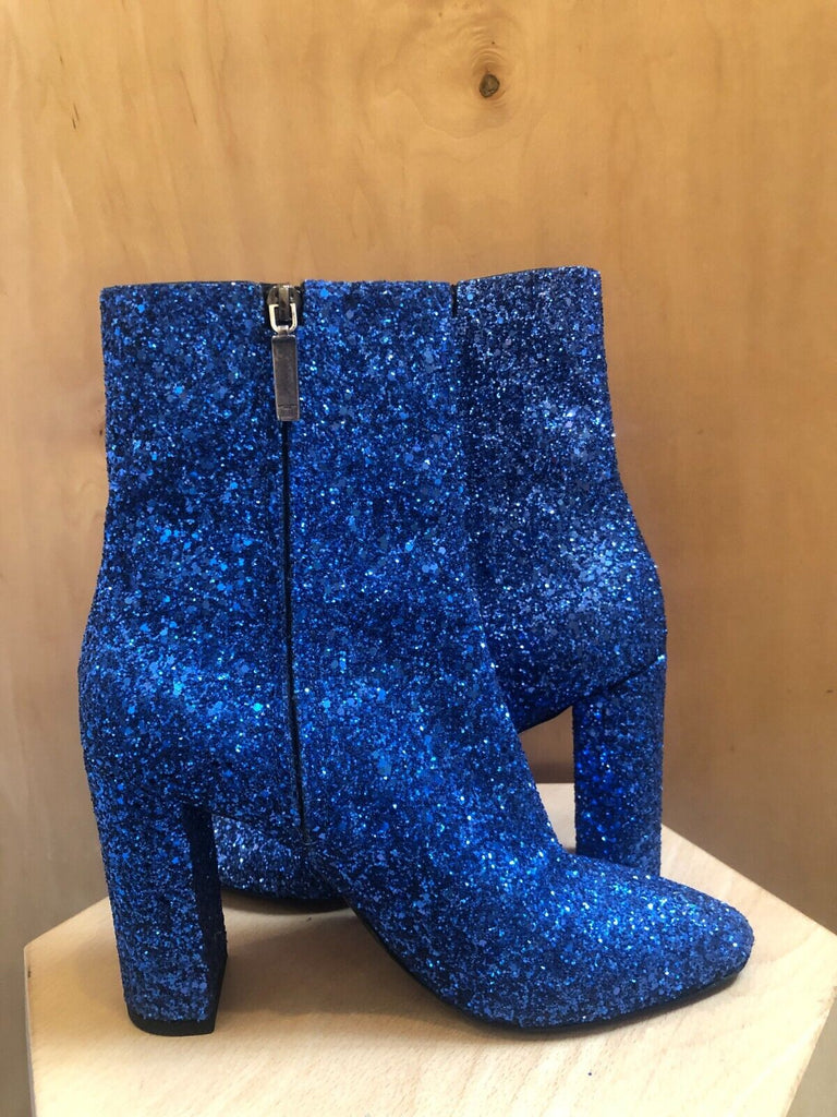 SAINT LAURENT Lou Blue Glitter Sequin 95 Zip Ombre Calf Ankle Boots 40/10