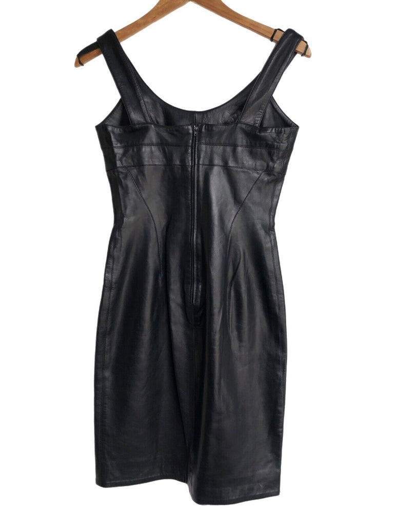 CLAUDE MONTANA Vtg 80s 90s Black Leather Sleeveless Bodycon Pencil Dress 38/6/4