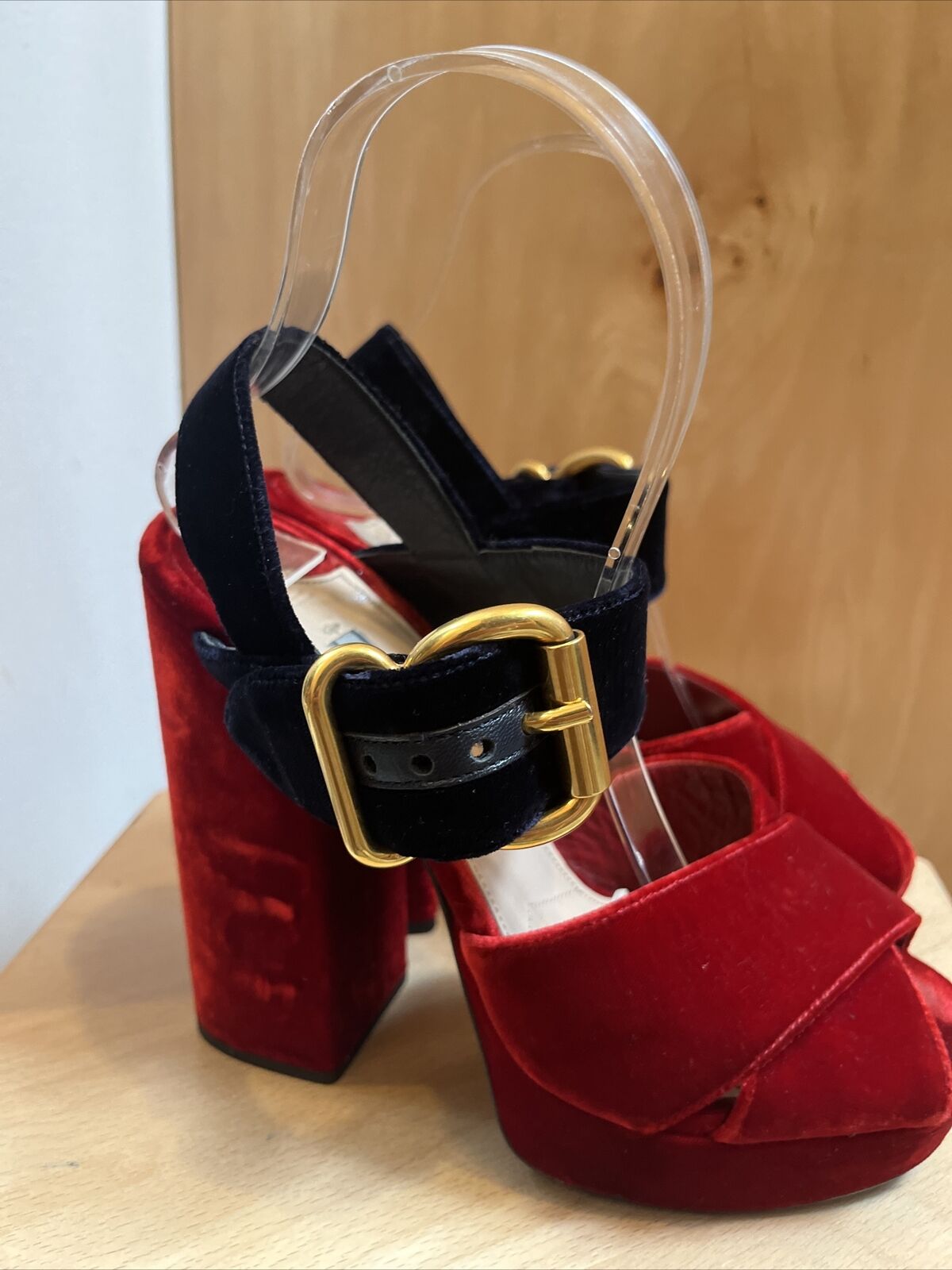 PRADA Cherry Red Navy Velvet Crisscross Two Tone Platform Sandal Chunky Heel 37