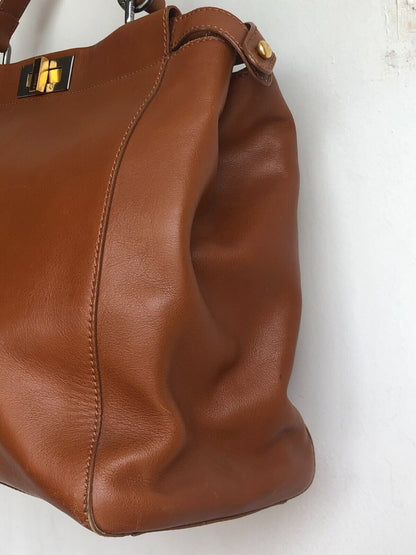 FENDI Peekaboo Iconic Medium Brown Camel Copper Leather Shoulder Bag Purse