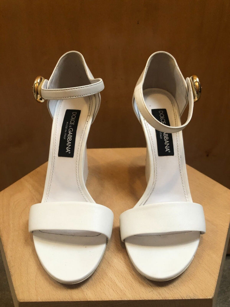 DOLCE & GABBANA White Leather Gold Chunky Wedge Curved Statement Strappy Heel 41