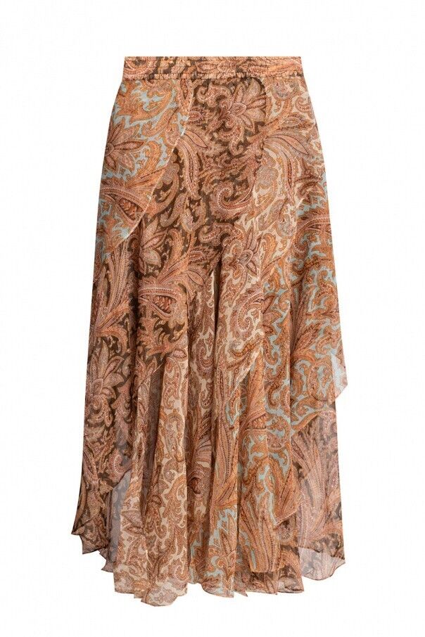 ZIMMERMANN 750 Candescent Waterfall Brown Multicolor Paisley Silk Midi Skirt 2/M