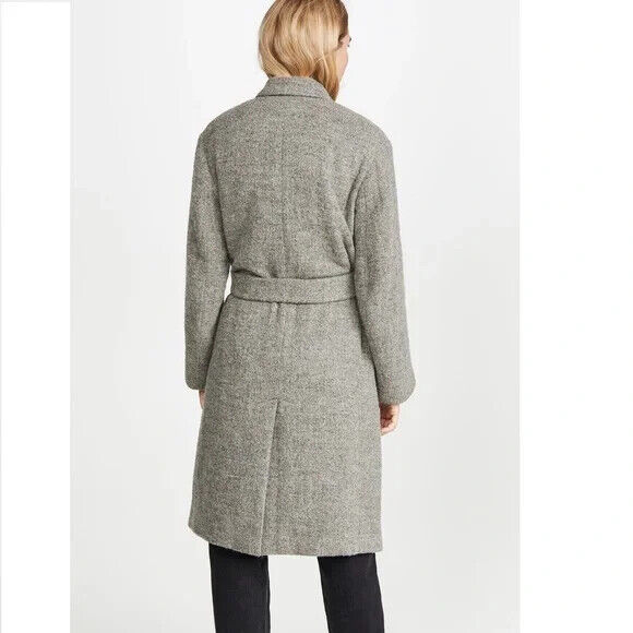 VINCE $800 Pebbled Grey Boucle Tweed Long Wool Belted Jacket Coat S/M/L