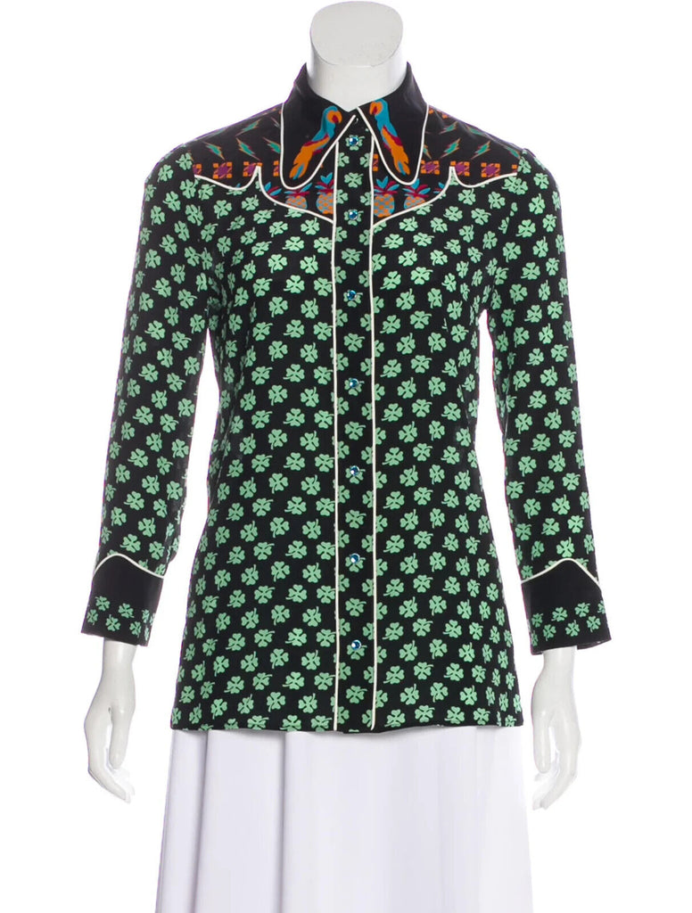 GUCCI Four Leaf Clover Multicolor Parrot Bird Long Sleeve Silk Blouse Top 40/4