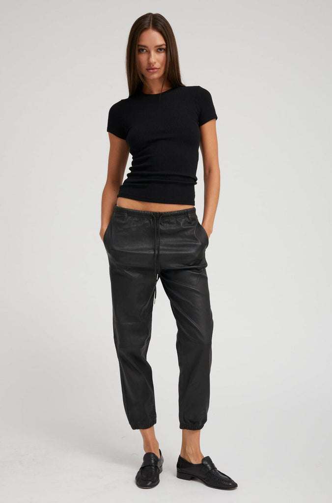 SPRWMN NWT $1275 Black Lambskin Leather Drawstring Jogger Sweat Dress Pant S