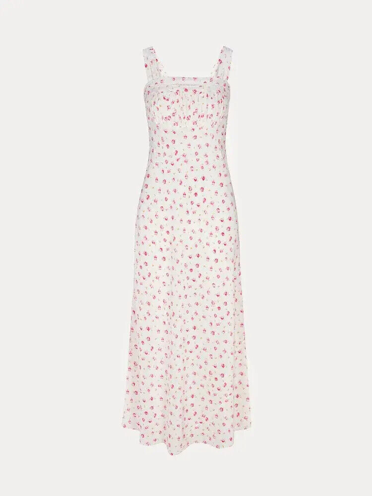 REALISATION PAR Dharma Baby Rose White Pink Floral Square Neck Silk Long Dress M