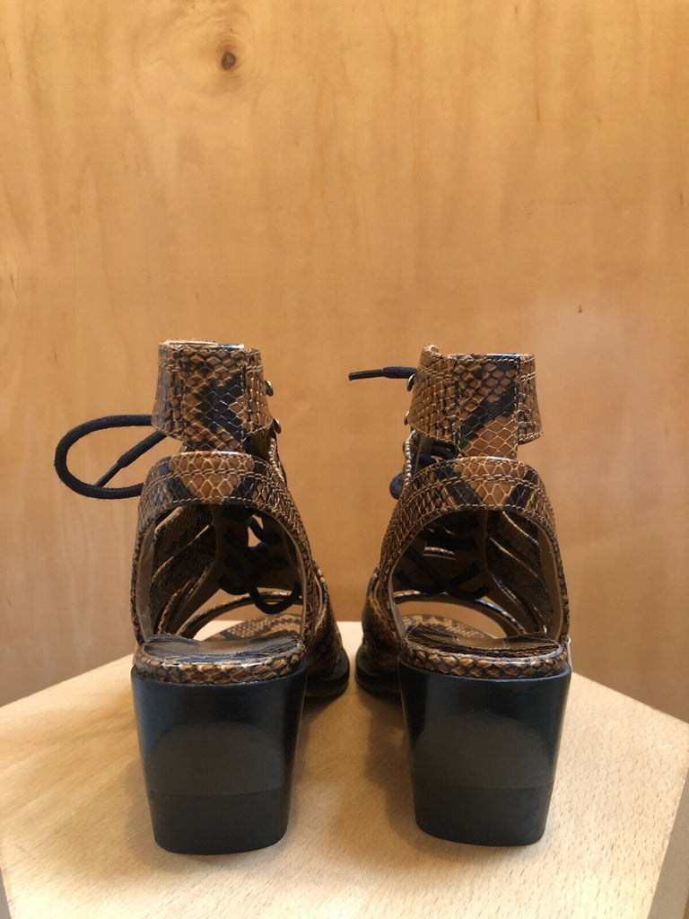 CHLOE Rylee Brown Snakeskin Print Leather Buckle Gladiator Sandal Heel 37.5/7.5