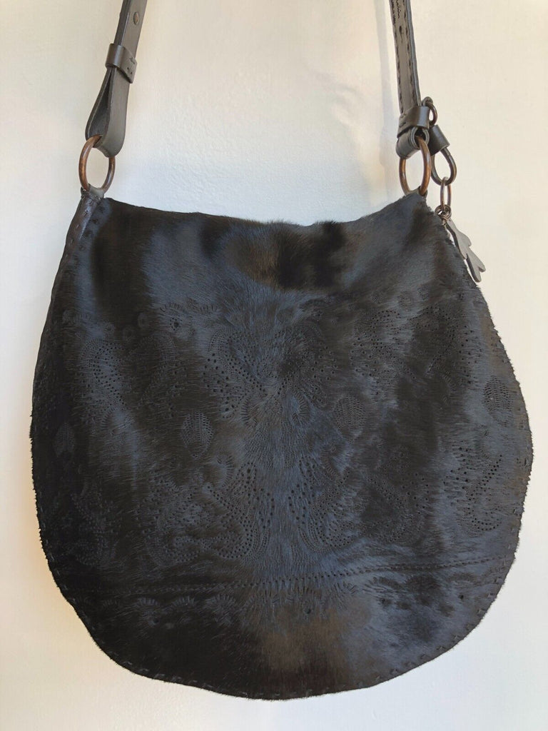 HENRY BEGUELIN Sella Horse Pony Calf Hair Black Leather Hobo Saddle Bag Purse