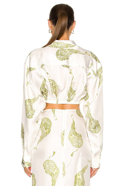 CHRISTOPHER ESBER White Green Paisley Collared Silk Long Sleeve Crop Top 6/2