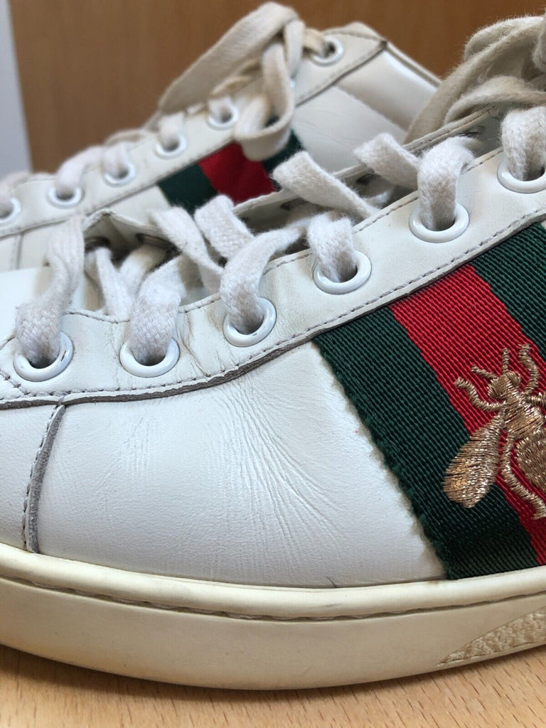 GUCCI Ace White Web Stripe Bee Embroidered Leather Embossed Womens Sneaker 39