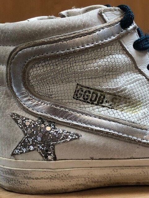 GOLDEN GOOSE Slide White Snakeskin Silver Glitter Star High