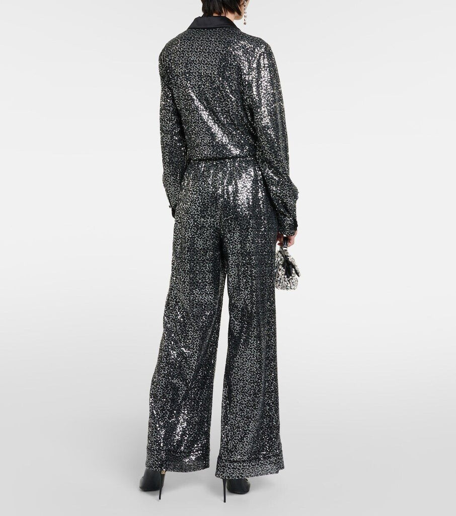 DOLCE & GABBANA Silver Sequin High Rise Wide Leg Silk Trouser Dress Pants 42/6