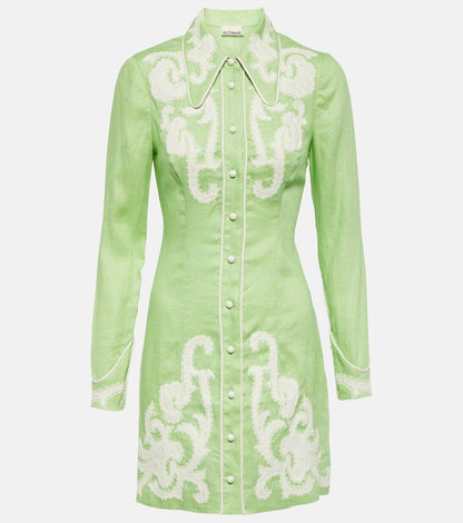 ALEMAIS NWT Ruby Mint Green Linen Embroidered Western Long Sleeve Dress 10/6