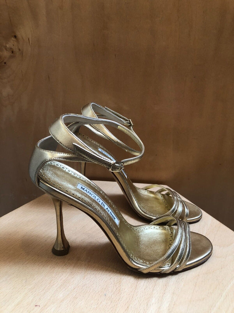 MANOLO BLAHNIK Caracol 105 Metallic Gold Nappa Leather Strappy Sandal Heels 36/6