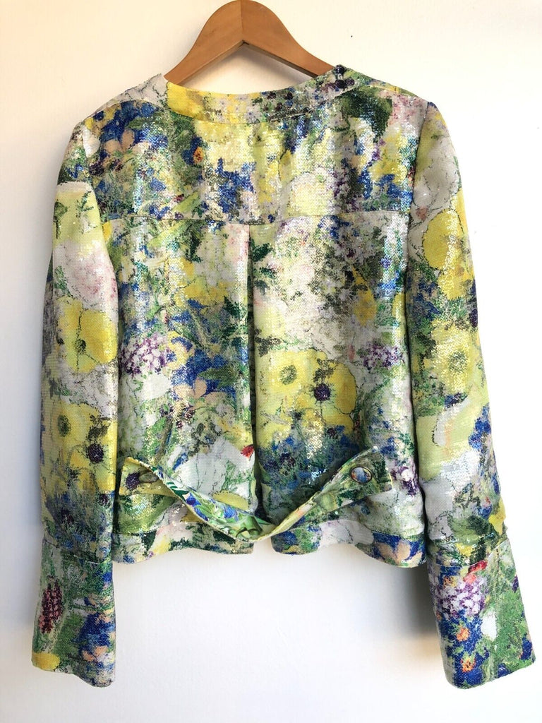 ERDEM	Yellow Green Watercolor Floral Sequin Long Sleeve Silk Blazer Jacket M/L