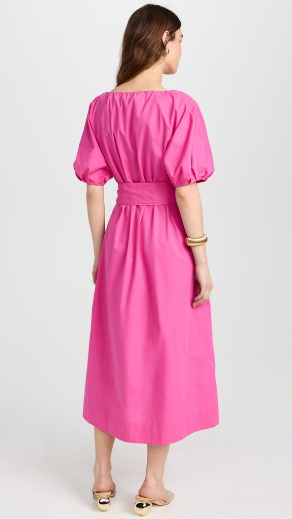 MARA HOFFMAN NWT Alora Hot Pink Short Puff Sleeve Tie Waist VNeck Midi Dress XXL