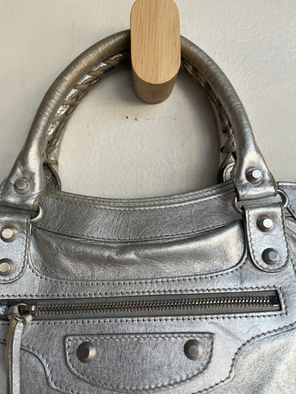 BALENCIAGA Velo Silver Motocycle Small Stud Leather Shoulder Tote Bag Purse