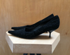 FENDI Vtg Black Suede Leather FF Zucca Monogram Pointed Toe Kitten Heel 36.5/7