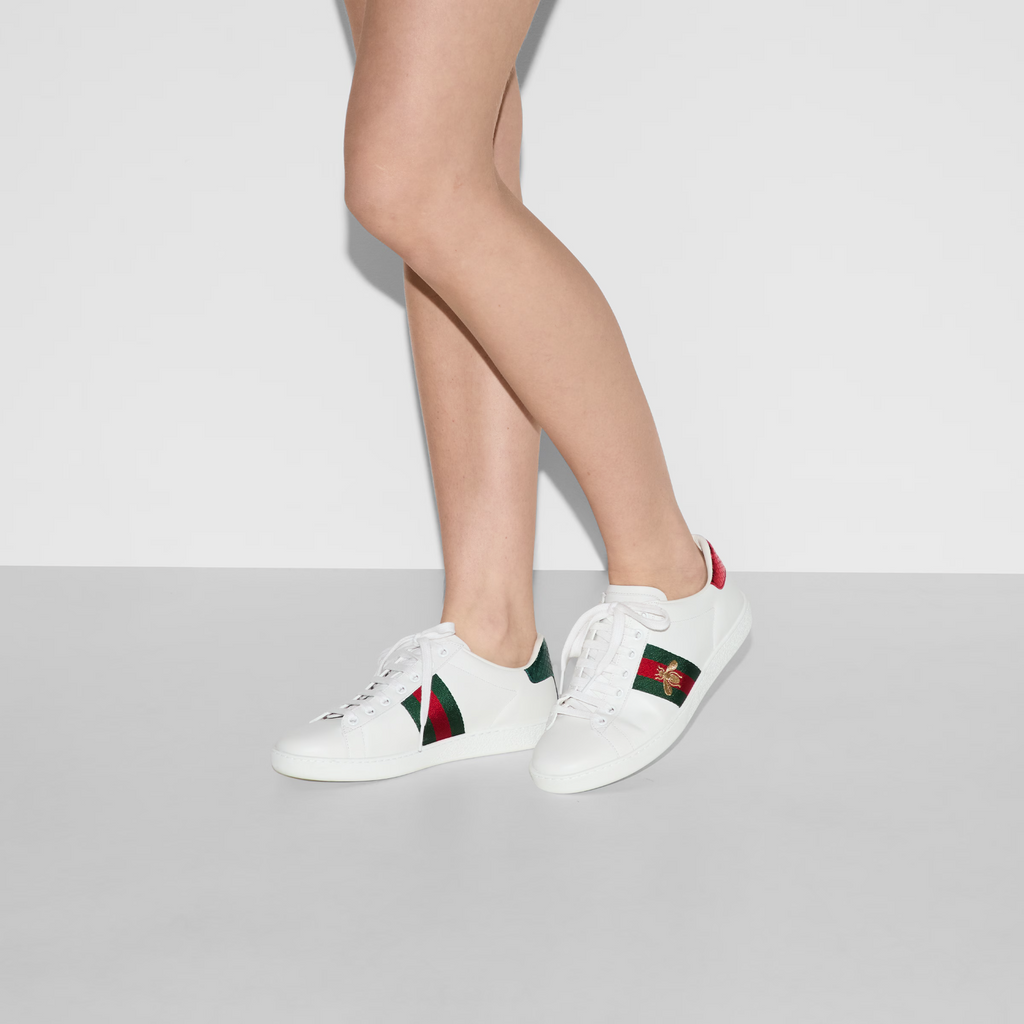 GUCCI Ace White Web Stripe Bee Embroidered Leather Embossed Womens Sneaker 39