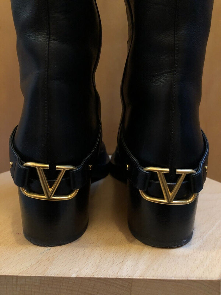 VALENTINO $2000 Black VLogo Over The Knee Leather Chunky Heel Riding Boot 37.5