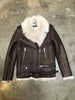 NOUR HAMMOUR Vivienne Brown Leather Shearling Collar Zip Biker Moto Jacket 34/2