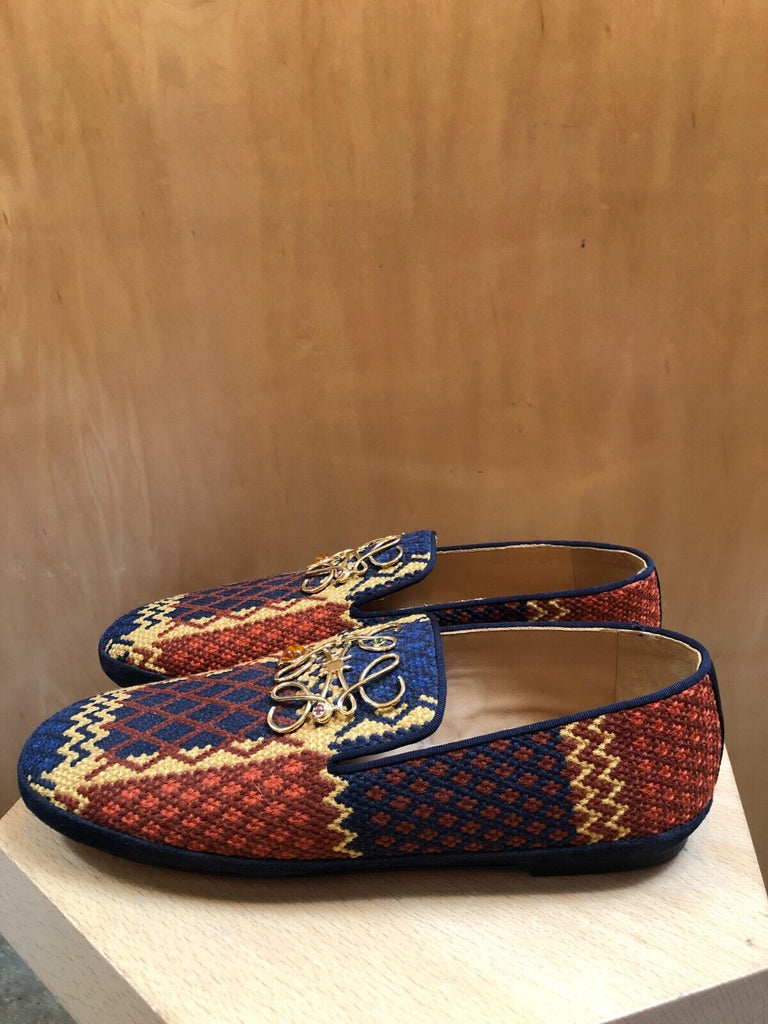 LOEWE Monogram Cloth Fabric Plaid Logo Gem Stone Embellished Loafer Shoes 40